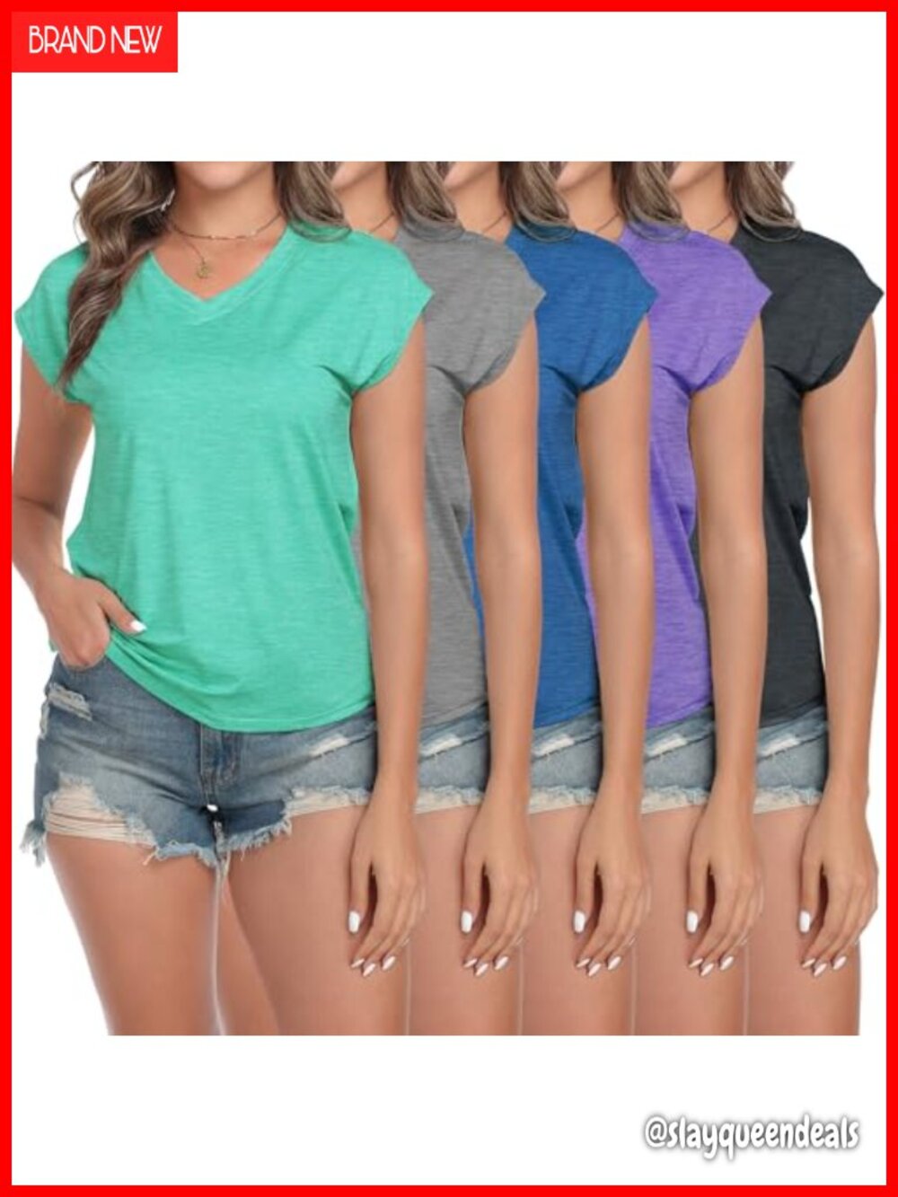 5 Pack Womens Cap Short Sleeve V-Neck T-Shirts Casual Loose Fit Top